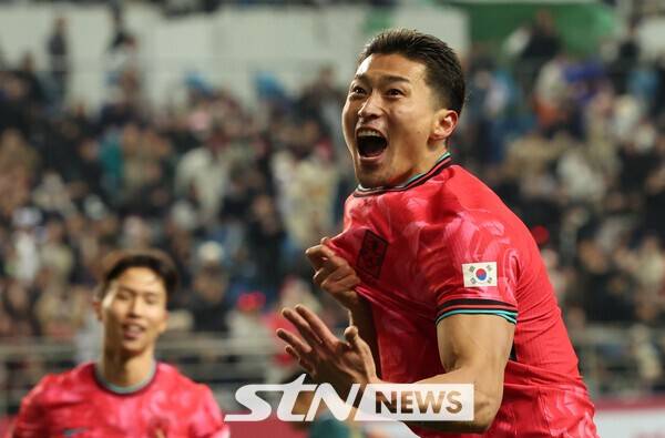 대전월드컵경기장에서 열린 축구 국가대표팀 평가전 대한민국과 볼리비아의 경기에서 추가골을 넣은 조규성이 포효하고 있다. /사진=뉴시스