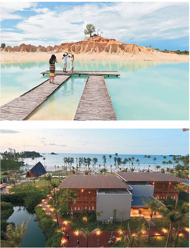 위 사진은 빈탄섬의 사진 명소 ‘텔라가 비루’. 푸른 호수란 뜻이다. 아래는 리조트 ‘인디고 빈탄 라고이 비치’의 해 질 무렵 풍경.