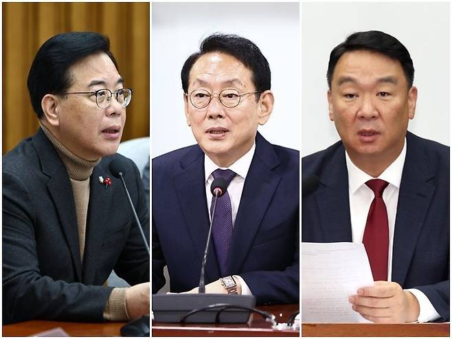 송언석 국민의힘 원내대표, 김도읍 국민의힘 정책위의장과 정희용 국민의힘 사무총장(사진 왼쪽부터) ⓒ뉴시스