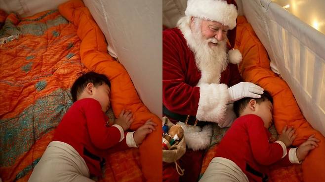 (오른쪽) 직장인 전모(36)씨가 만든 AI 산타가 아이의 머리를 쓰다듬고 있는 모습의 사진. 왼쪽 사진은 원본. 전씨 제공