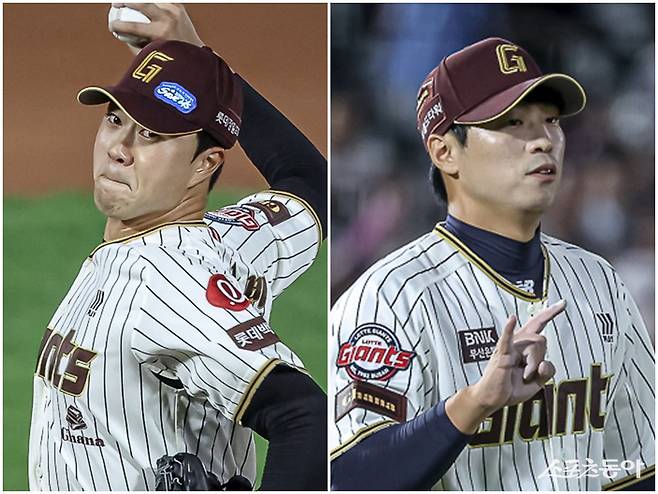 윤성빈(왼쪽)과 구승민이 내년 시즌 롯데 불펜의 과부하를 해소할지 주목된다. 사진제공|롯데 자이언츠