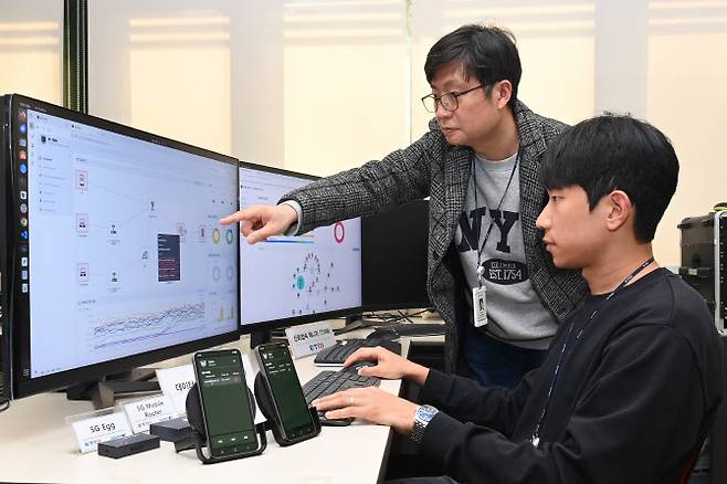 ETRI 연구진이 신뢰연동 단말을 활용해 국방 5G망에 접속하고 실시간 품질 데이터와 트래픽 흐름을 분석하는 모습.