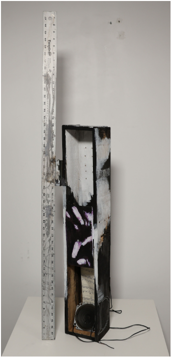 권정호, Sound 84(Rulrer.Speaker.Wood), 1984, mixed media, 198x406cm