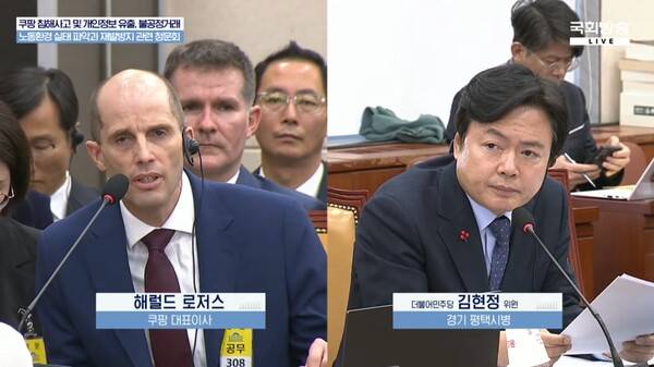 ▲30일 쿠팡 연석청문회에서 해롤드 로저스 대표이사가 정무위 소속 김현정 더불어민주당 의원에게 답변하는 모습.