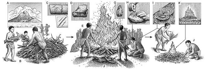 9500년 전 아프리카 말라위 수렵채집 사회의 화장 의식. 공동 작업으로 장작더미를 만들고 시신을 태웠다. 뼈에 남은 절단 흔적은 시신의 일부가 살을 발라낸 상태였음을 보여준다(c).탄화된 영지버섯과 흰개미 굴은 죽은 나무가 연료로 사용됐음을 시사한다(i). 두개골과 치아 유해가 발견되지 않은 점은 화장 전에 제거됐을 가능성을 시사한다(j). 장작더미 위치 위에 여러 차례 불이 재점화됐다는 사실은 해당 장소를 기억하기 위한 행동으로 추정됐다(k)./사이언스 어드밴시스