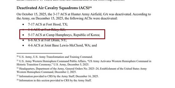 지난달 31일 발간된 미 의회조사국(CRS) 보고서에 따르면 험프리스에 주둔해온 5-17공중기병대대(5-17 ACSㆍAir Cavalry Squadron)가 지난해 12월 15일 비활성화됐다. 비활성화 목록에 포함된 6개 공중기병대대 가운데 한국에 위치한 부대는 이곳이 유일하다. CRS 보고서
