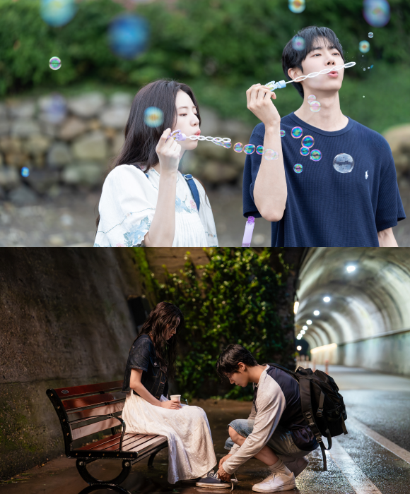 추영우(위쪽 사진의 오른쪽)는 이번 작품을 통해 처음 만난 신시아에 관해 "호흡이 정말 좋았다. 그냥 지나갈 법한 것들도 애정을 담아서 세심하게 바라봐줬다"고 말했다. /㈜바이포엠스튜디오