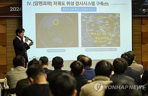 '한반도 지나는 스타링크 위성들' (서울=연합뉴스) 김성민 기자 = 20일 서울 강남구 코엑스에서 열린 제3회 위성전파·통신 기술 컨퍼런스에서 스타링크 위성에 대한 발표가 진행되고 있다. 2024.11.20
ksm7976@yna.co.kr