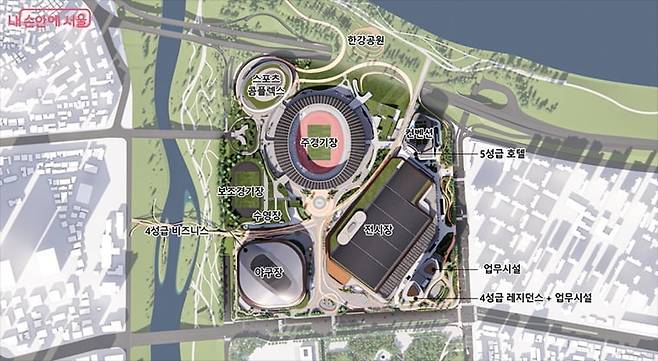 서울 잠실 올림픽주경기장 일대 리모델링 조감도. 돔구장은 잠실야구장을 허문 자리에 들어설 계획이다. / 서울시