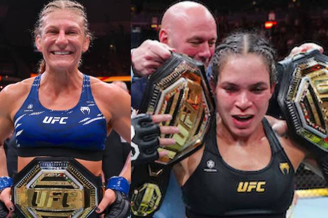 UFC 여성 밴텀급 케일라 해리슨 챔피언(사진 왼쪽)과 전 챔피언 아만다 누네스. UFC 제공