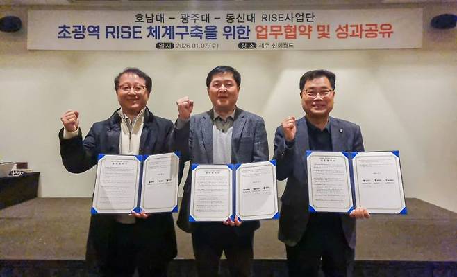 동신대 RISE사업단과 광주대 RISE사업단, 호남대 RISE사업단 등 3개 대학 RISE 사업단이 7일 '지역혁신 기반의 초광역 협력체계 구축과 지속 가능한 지역 발전 도모를 위한 업무협약(MOU)'을 체결했다. 동신대학교 제공