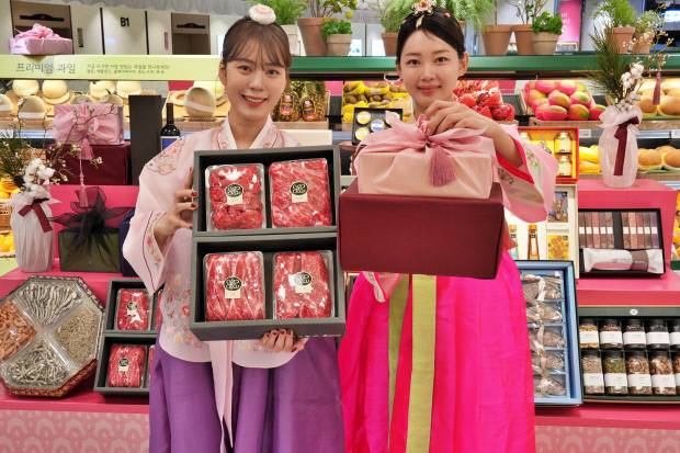 광주지역 백화점들이 9일부터 설 선물세트 사전 예약 판매에 들어간다. 사진은 롯데백화점 모델이 설 선물세트를 홍보하고 있는 모습. 롯데백화점 광주점 제공