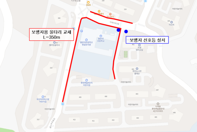 사하구청은 지난해 11월 부산시로부터 도로 안전 정비에 필요한 보조금 6억 5000여만 원을 확보해 이달부터 정비에 나선다. 사진은 다대동 몰운대초등학교 앞 도로 정비 위치도. 사하구청 제공