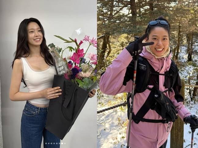 설현은 등산으로 날씬한 몸매를 지켜왔다. 새해 한라산에 올라 환하게 웃은 설현(오른쪽). 사진=설현 SNS