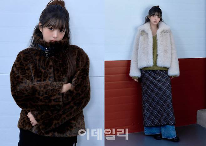 장원영이 로라로라의 퍼 재킷 상품들을 착용한 화보 (사진=로라로라 홈페이지 캡처)