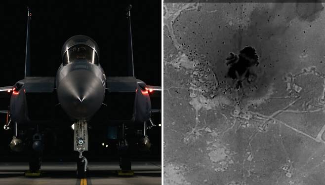 미 중부사령부(CENTCOM)가 엑스(X·옛 트위터)에 공개한 영상. 왼쪽은 야간 공습 임무를 위해 출격 준비 중인 미 공군 F-15E 스트라이크 이글 전투기, 오른쪽은 ‘비기밀(UNCLASSIFIED)’ 표기가 달린 영상에서 포착된 시리아 내 IS 표적 정밀 타격 장면이다. 중부사령부는 이번 공습이 ‘호크아이 스트라이크’ 작전의 일환이라고 밝혔다. ⓒ미 중부사령부 엑스