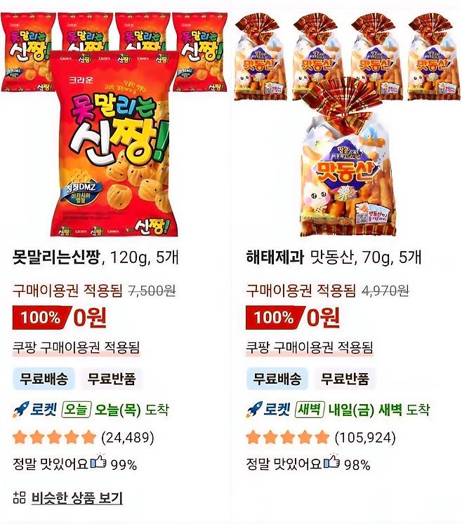 쿠팡 보상 쿠폰이 적용된 제품들. 독자제공