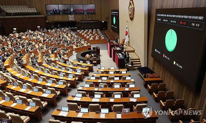 민주당 주도로 2차 종합특검법 본회의 통과 (서울=연합뉴스) 이동해 기자 = 16일 국회에서 열린 1월 임시국회 본회의에서 윤석열ㆍ김건희에 의한 내란ㆍ외환 및 국정농단 행위의 진상규명을 위한 특별검사 임명 등에 관한 법률안이 국민의힘이 불참한 채 더불어민주당 주도로 처리되고 있다. 2026.1.16 eastsea@yna.co.kr