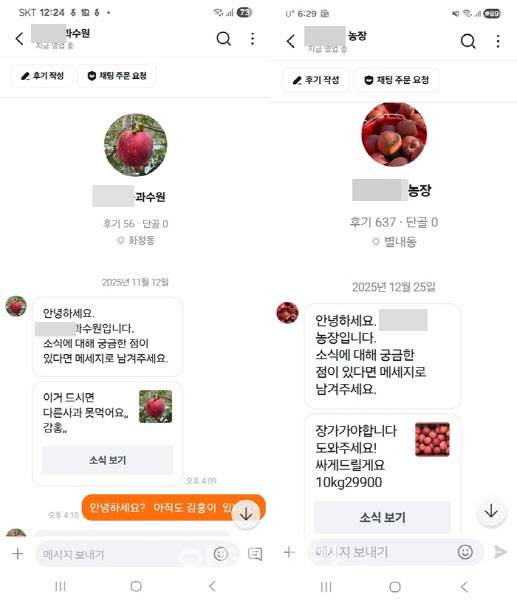 당근마켓에 서로 다른 농장명으로 올라온 사과 판매 계정 화면. 각기 다른 업체명과 지역으로 표시돼 있지만 유사한 문구와 판매 방식이 반복되고 있다.(사진= 독자 제공)