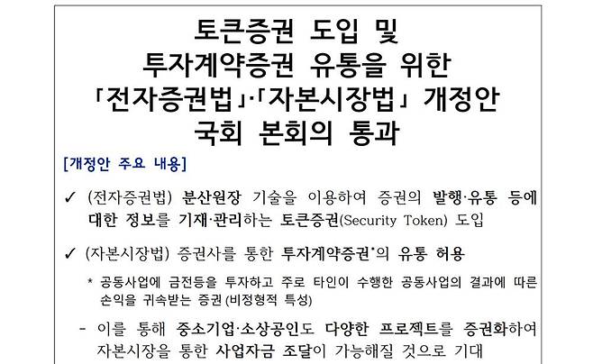 토큰증권 발행 및 유통 위한 법률 개정안이 국회 본회의를 통과했다 / 출처=금융위원회