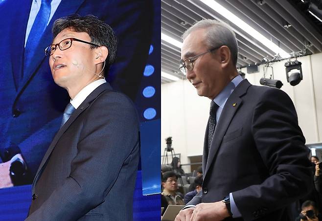 KT는 해킹 사태 수습과 조직 정상화를 위한 준비에 나섰지만, 대표이사가 교체되는 과도기 국면에서 권한 조율 문제가 과제로 남아 있다. 사진은 박윤영 KT 차기 대표 내정자(왼쪽)와 김영섭 KT 대표이사(오른쪽). / 뉴시스