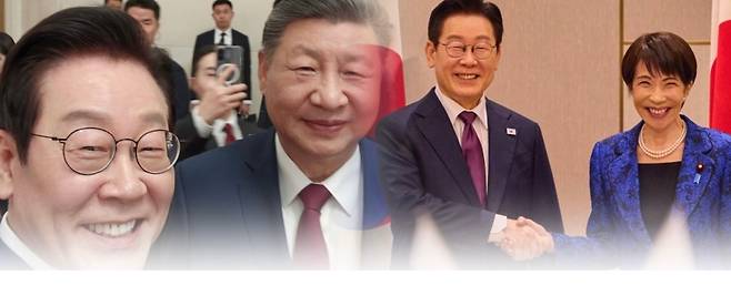 한국 대통령과 중국 국가주석(왼쪽), 그리고 한‧일 정상 회동 장면을 담은 이미지.