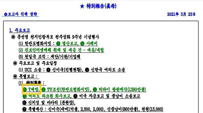 'TM 특별보고' 2021년 3월 23일 자 내용. ‘Y예방’이라는 표현이 나오는데, 여기서 Y는 윤석열이다.