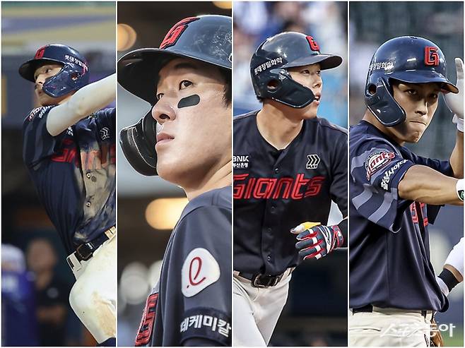 지난해 집단 부진에 빠진 롯데의 주축 야수들이 연봉 삭감의 찬바람을 맞았다. 윤동희, 나승엽, 고승민, 황성빈(왼쪽부터) 중 고승민만 삭감을 피했다. 사진제공|롯데 자이언츠