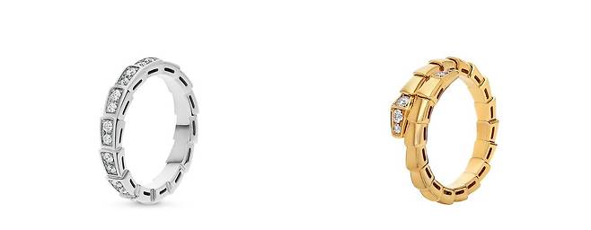 왼쪽부터 세르펜티 바이퍼 웨딩 밴드, 세르펜티 바이퍼 링. 세르펜티 바이퍼 웨딩 밴드는 뱀 모티브를 간결하게 풀어냈고다. 세르펜티 바이퍼 링은 손가락을 한 번 감싸는 형태가 돋보인다. 사진 불가리