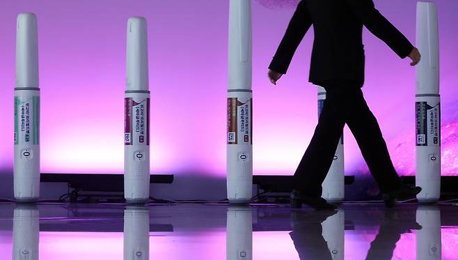 2024년 10월 15일 서울 용산구 그랜드하얏트 행사장 앞에 위고비 모형이 전시돼 있다. /뉴스1