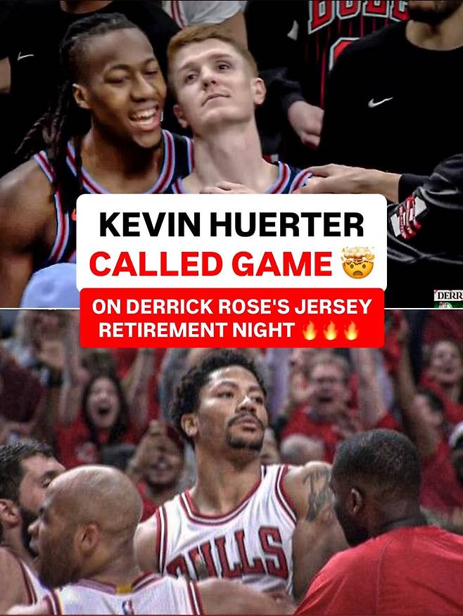 시카고가 25일 유나이티드 센터에서 열린 보스턴과의 2025~26 NBA 정규리그 홈경기서 종료 직전 허더(위)의 외곽포로 승전고를 울렸다. 이 경기는 과거 시카고서 전성기를 누빈 로즈(아래)의 영구결번식이 열린 날이었다. 사진=ESPN