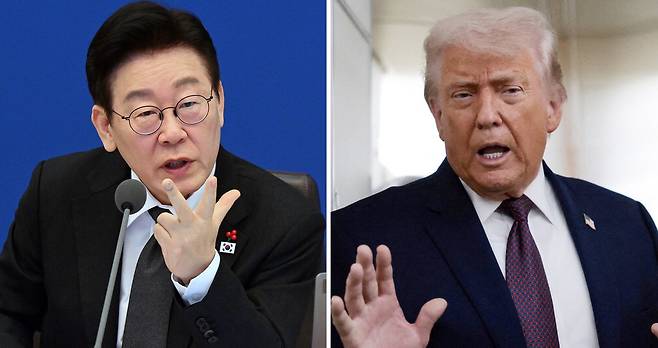 이재명 대통령이 27일 청와대 본관에서 열린 제3회 국무회의에서 발언하고 있다(왼쪽 사진). 오른쪽 사진은 도널드 트럼프 미국 대통령이 지난 22일(현지시간) 스위스 다보스에서 열린 세계경제포럼(WEF·다보스포럼)을 마치고 미국 워싱턴DC로 돌아가는 길에 전용기에서 기자간담회를 열고 발언하는 모습. 김호영 기자·로이터연합뉴스