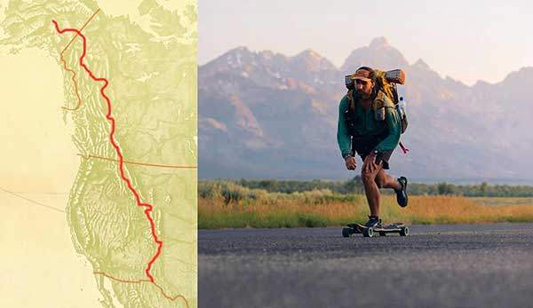 스케이트보드를 타고 이동 중인 저스틴 브라이트(오른쪽). 북미의 로키산맥을 따라 이동하는 계획 구간(왼쪽). 이미지 저스틴 브라이트.