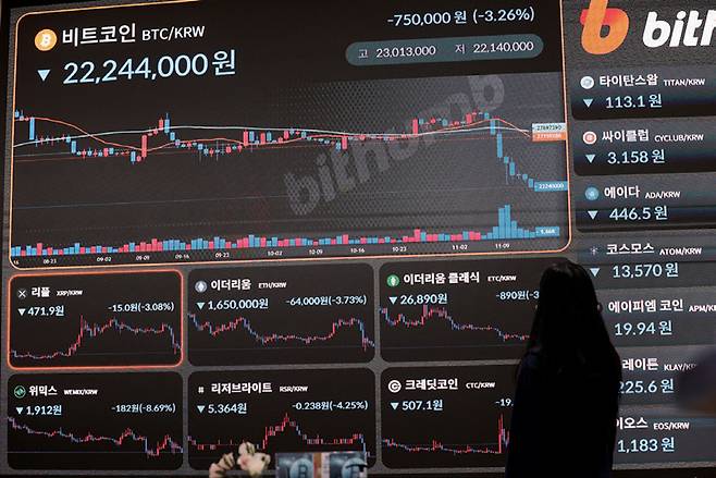 11월14일 서울 서초구 빗썸 고객센터 전광판에 가상화폐 시세가 표시돼 있다.ⓒ연합뉴스
