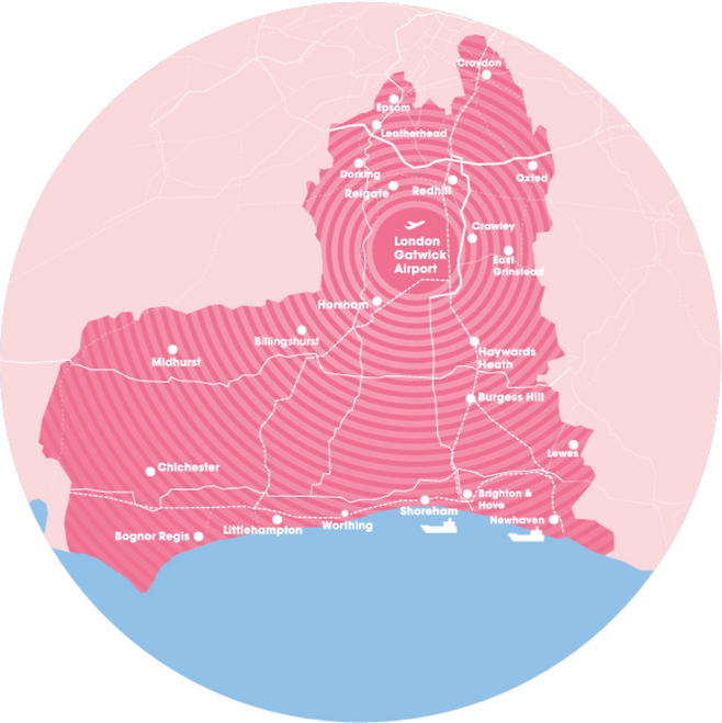▲ 개트윅공항과 주요 도시, 해안까지 이어지는 교통망 안내도.