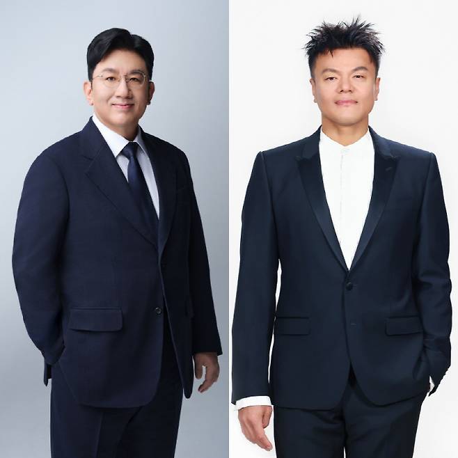 방시혁 하이브 의장(왼쪽), 박진영 JYP엔터테인먼트 CCO. 사진 제공=하이브, JYP엔터테인먼트