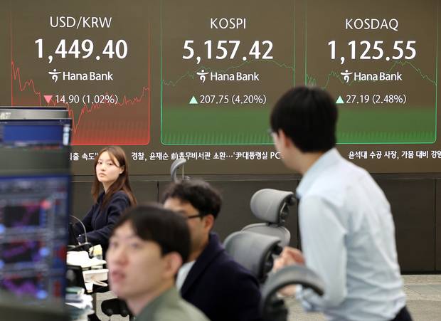 코스피가 장중에 4% 넘게 올라 5,200선 회복을 시도하고 있는 3일 서울 중구 하나은행 딜링룸에서 직원들이 업무를 보고 있다. 연합뉴스