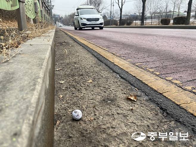 수원의 한 야외골프연습장 인근 도로에 떨어져 있는 골프공 옆으로 차가 지나가고 있다. 천민형기자