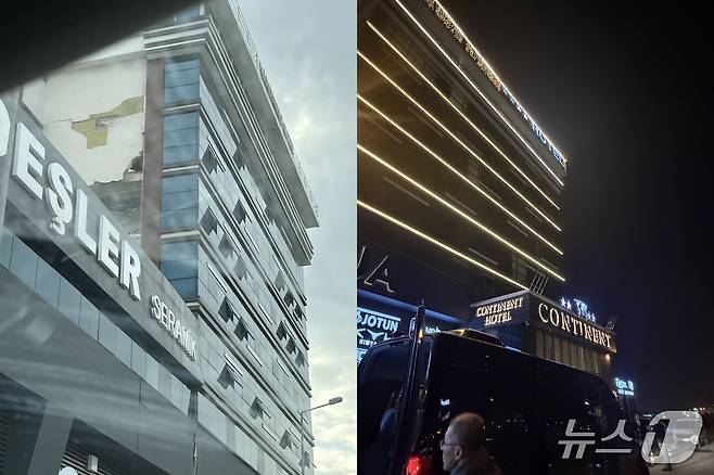 튀르키예 중남부 도시 카흐라만마라쉬의 한 호텔의 3년 전 모습(왼쪽)과 현재의 모습(오른쪽). 지진 당시 지진 피해로 영업을 중단해야 했다.