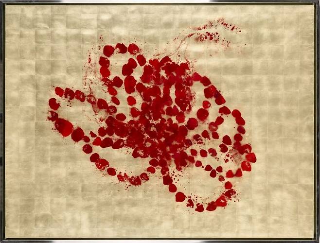 장-미셸 오토니엘, painting on canvas, red ink on green gold leaf, 124x164x5 ed. 1/2, edition of 2 + 1AP, 2021. 사진 서울옥션