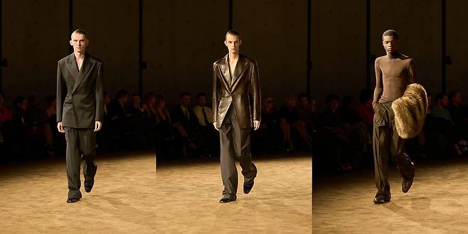 생로랑은 몸에 밀착되는 실루엣의 니트, 허리선을 강조한 자켓을 선보였다. 팬츠는 여유로운 와이드 핏을 자랑한다. 사진 생로랑