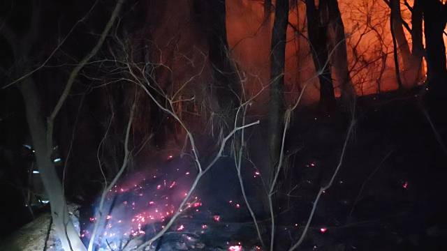 8일 오후 8시 38분께 해발 399.3m 부산 동래구 쇠미산 금정봉 8분 능선에서 불이 났다. 부산소방재난본부 제공