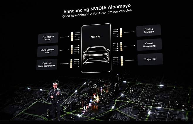 젠슨 황 엔비디아 최고경영자(CEO)가 지난달 5일(현지시간) 미국 네바다주 라스베이거스 퐁텐블로 호텔에서 열린 엔비디아 CES 2026 라이브에서 자율주행 인공지능(AI) 모델 알파마요를 소개하고 있다. 연합뉴스.