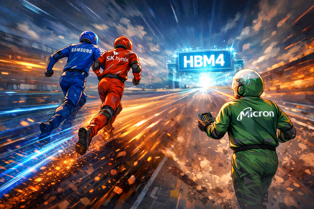 삼성전자와 SK하이닉스가 HBM4 초기 경쟁에서 앞서가는 가운데, 마이크론 역시 2분기부터 경쟁에 합류할 전망이다. 챗GPT가 그린 일러스트.