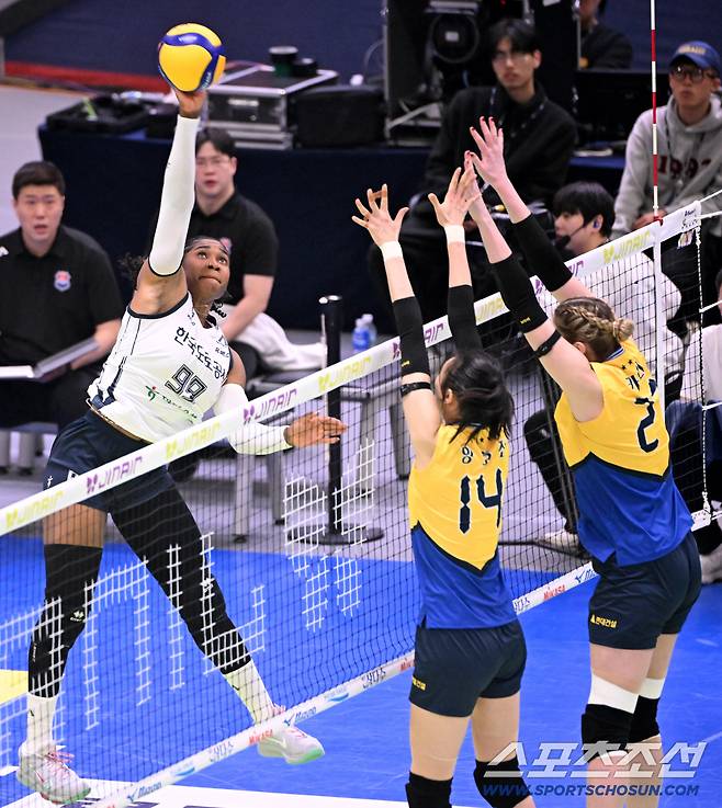 13일 수원실내체육관에서 열린 V리그 여자부 현대건설과 도로공사의 경기. 한국도로공사 모마가 공격을 시도하고 있다. 수원=허상욱 기자wook@sportschosun.com/2026.02.13/