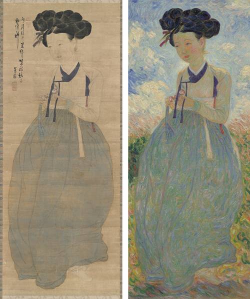 신윤복 의 ‘미인도’(왼쪽)과 대구경북과학기술원(DGIST)의 생성형 인공지능(AI)기술을 활용 모네의 화풍으로 변환한 모습(오른쪽). 대구경북과학기술원 제공