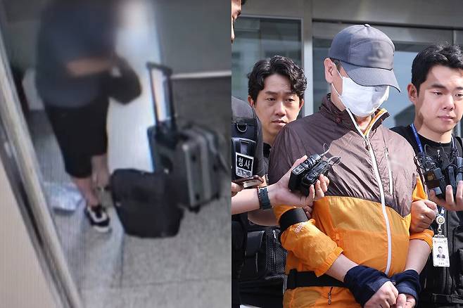 사제 총기 살해 사건 피의자 A씨가 지난해 7월30일 인천논현경찰서에서 검찰로 송치되고 있다. 왼쪽은 지난해 7월20일 오후 4시쯤 A씨가 인천 송도의 아들 집으로 향하기 전 서울 도봉구 거주지 엘리베이터에서 큰 가방을 옮기는 모습. 인천=뉴스1·YTN 보도화면 캡처