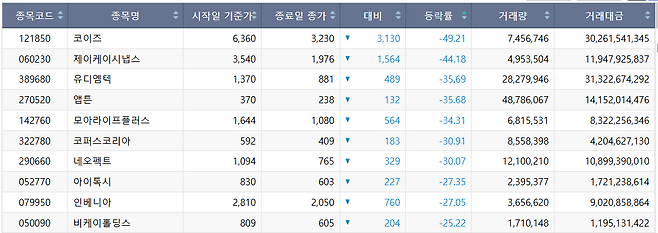13일 주간 하락률 상위 종목.(출처=한국거래소)