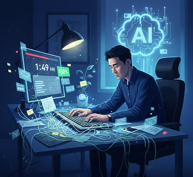 생성형 인공지능(AI)을 활용해 밤늦게까지 업무를 이어가는 직장인의 모습을 표현한 이미지. UC버클리 연구에 따르면 AI 활용 확대는 업무 속도와 범위를 넓히며 근무 시간이 저녁과 이른 아침으로 확장되는 경향을 보였다. 제미나이 AI 생성 이미지