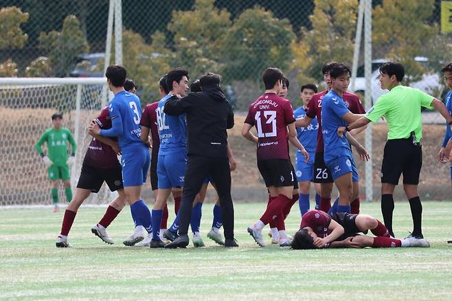 ▲ 청주대 정찬양, 경민대와의 경기에 선발로 뛰며 골맛을 봤다. ⓒ한국대학축구연맹